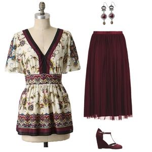 Anthropologie Burgundy V Neck Tie Back Blouse